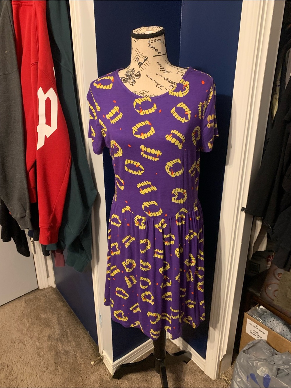 Modcloth Halloween Purple Mini Dress with Yellow Lip Print